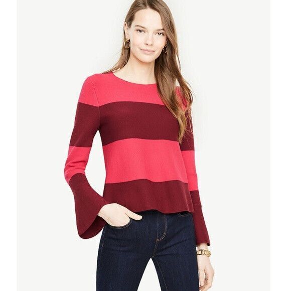 Ann Taylor Bell Sleeve Sweater Womens L Pink Color‎ Block Striped Pullover - Picture 4 of 12